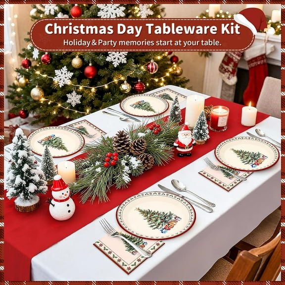 YUYAN-200 PCS Christmas Paper Plates and Napkins Sets, Vintage Tree Plates and Napkins for Xmas Dinner Party Supplies