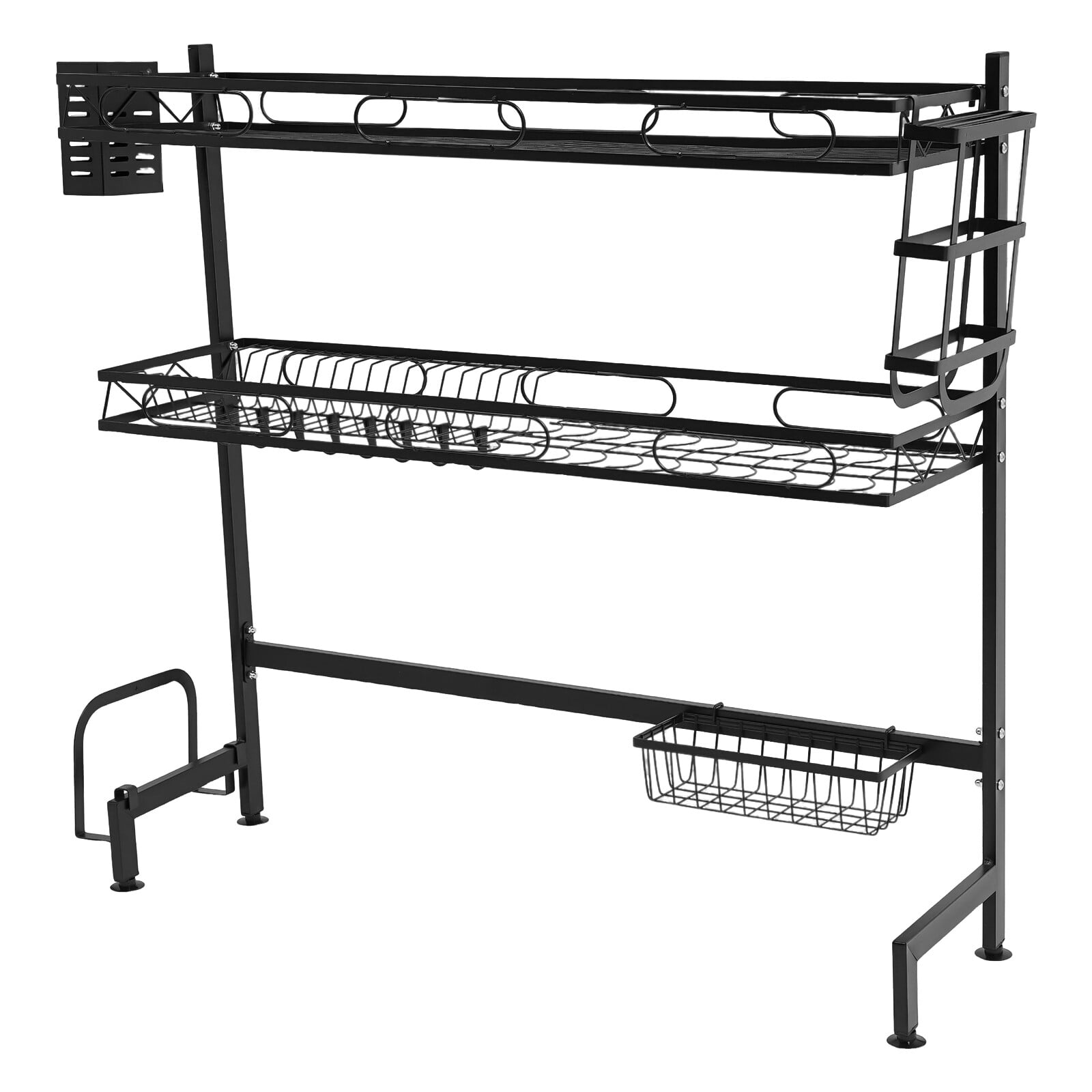 2-Tier Over Sink Dish Drying Rack – Heavy Duty Carbon Steel Kitchen Organizer with Adjustable Anti-Slip Feet, High Guardrail & Multi-Basket Storage, Black