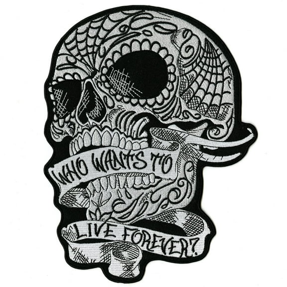 Sugar Skull Patch 10" Who Wants to Live Forever De Los Muertos Rose Skeleton | Embroidered Iron On | Large - by Nixon Thread Co.