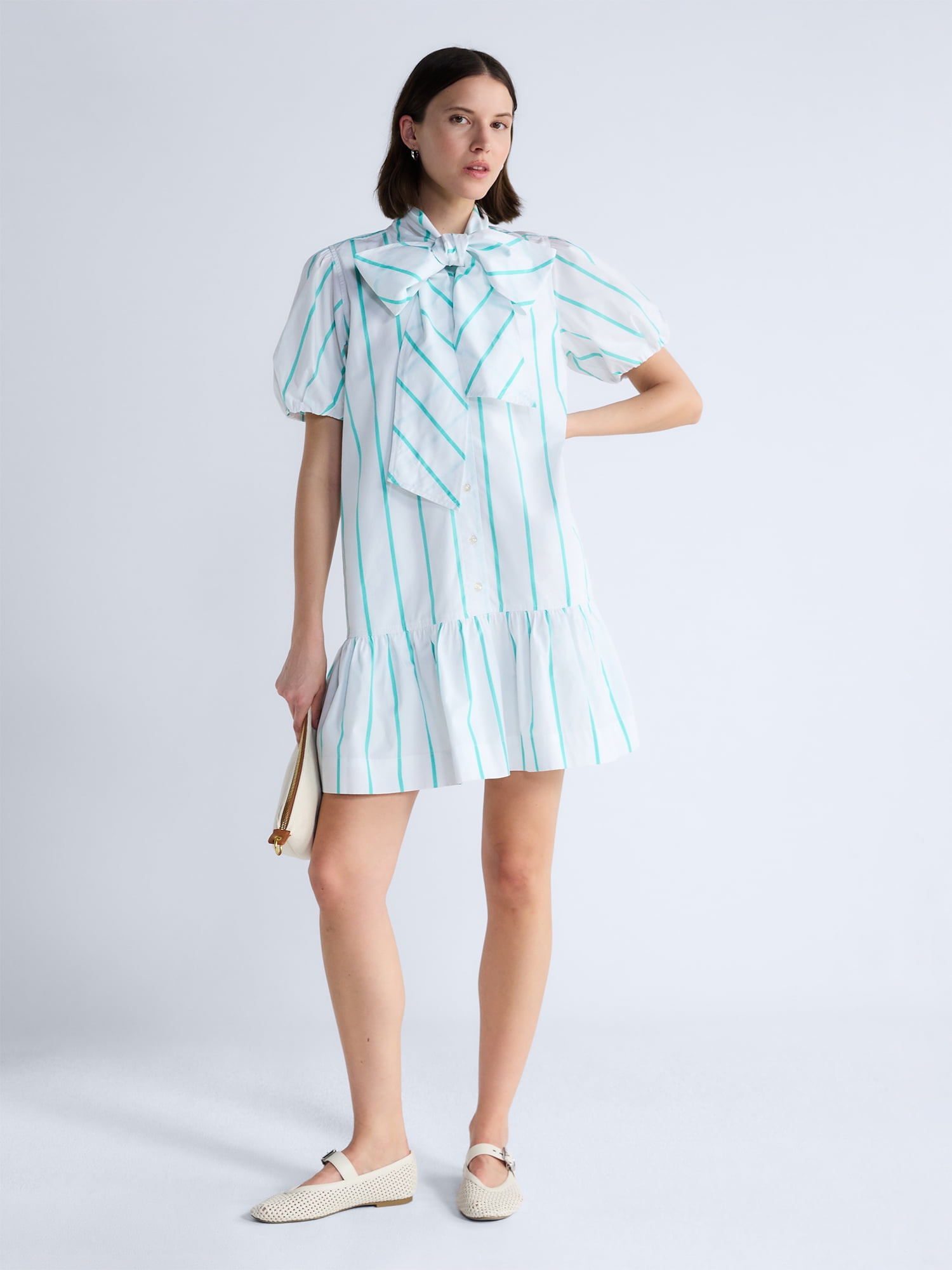Free Assembly Women's Tie Neck Striped Cotton Mini Dress, Sizes XS-4X