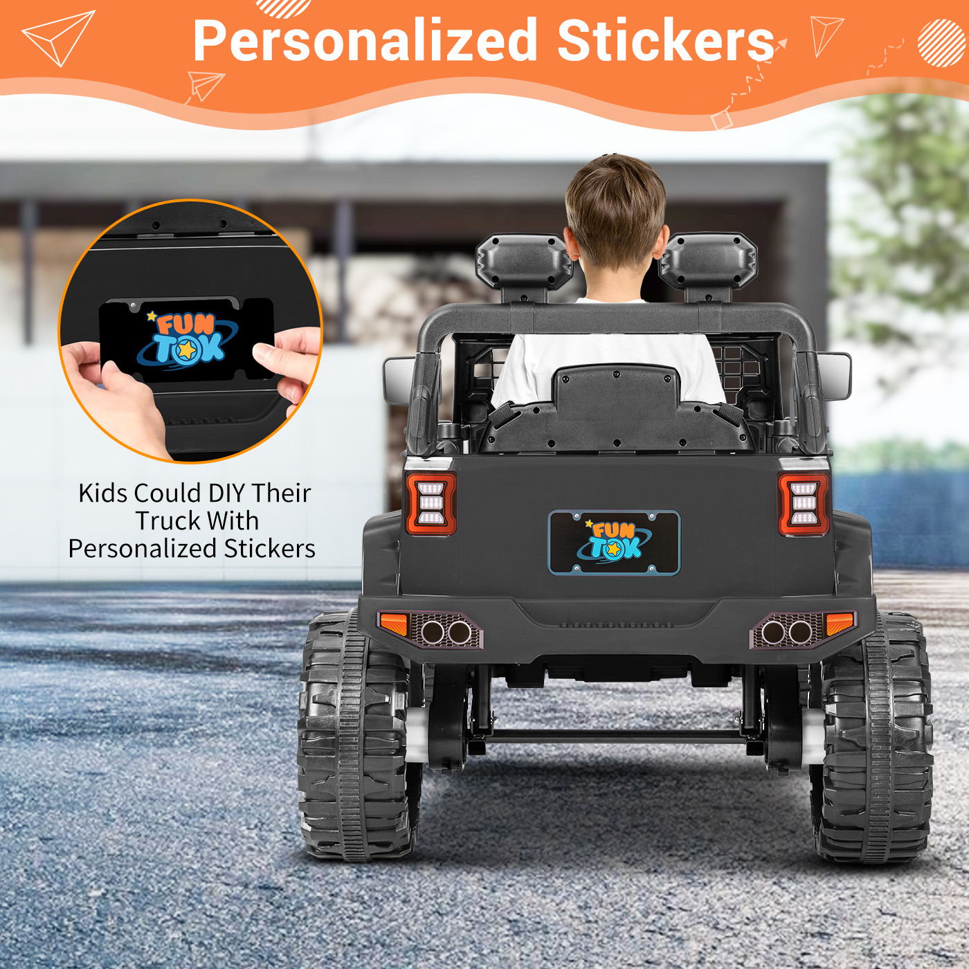 FUNTOK Kids 12V Electric Ride on Toy Car with Remote Control, Spring Suspension, DIY Stickers and Music Player