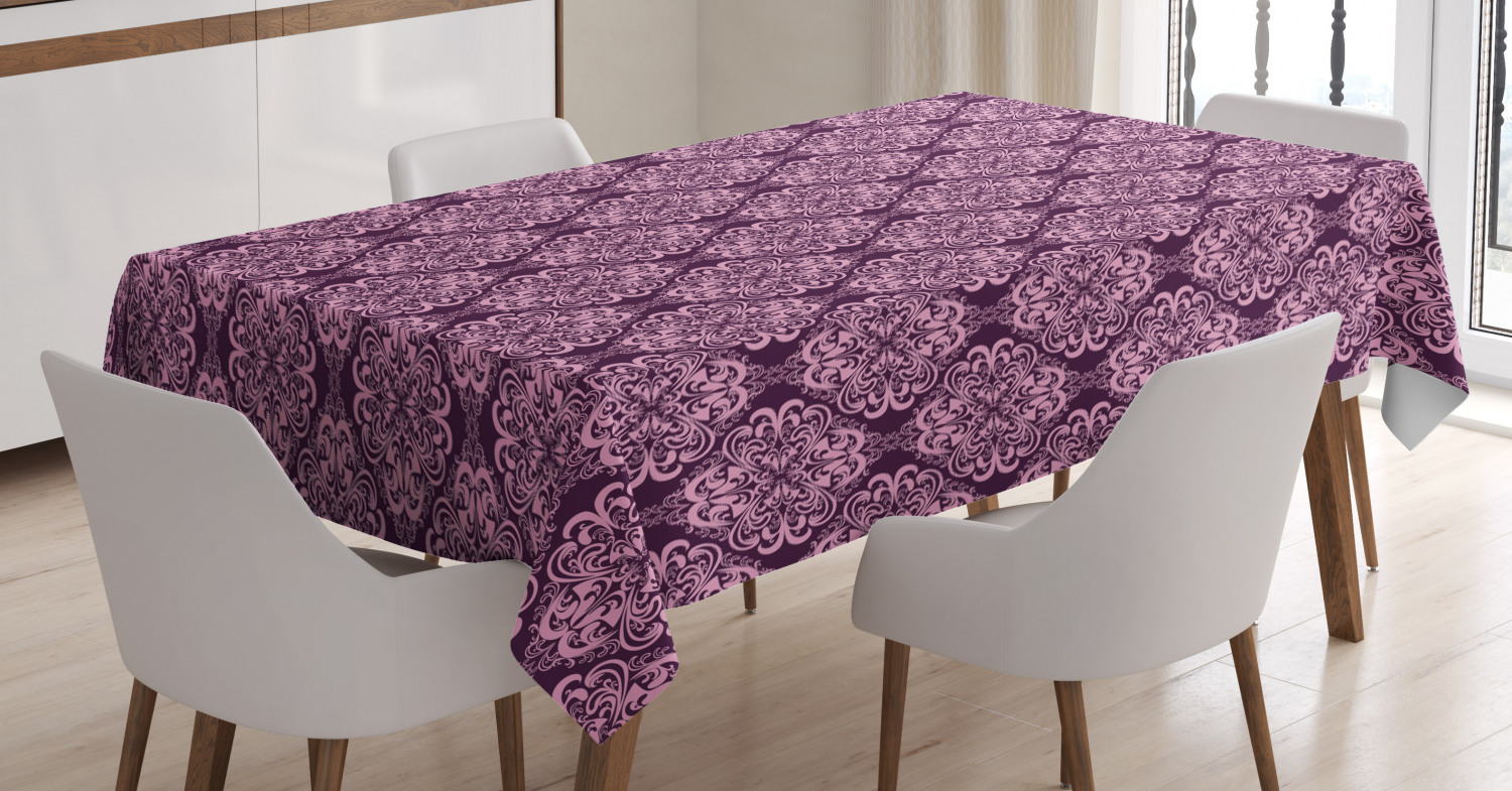 Purple Decor Tablecloth, Victorian Romantic Damask Floral Oriental