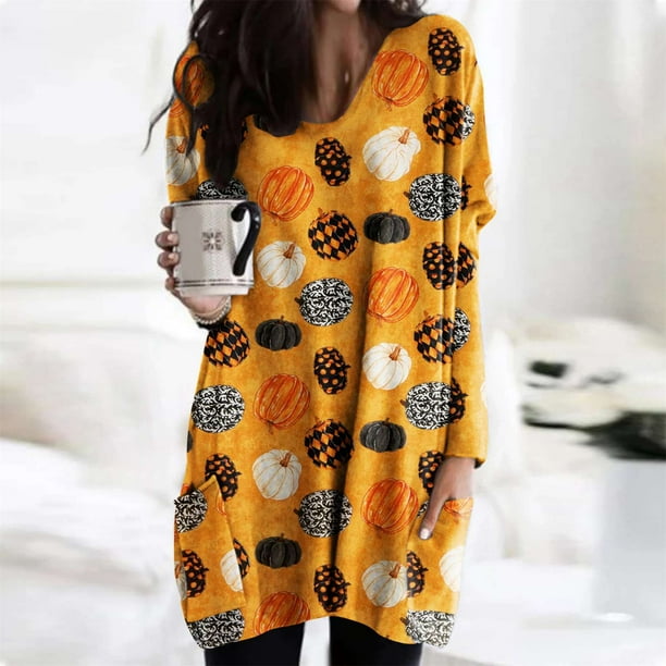 Women Dress One Piece Sleep Skirt Halloween Design Long Sleeve Crew Neck with Large Pockets Type 8 M