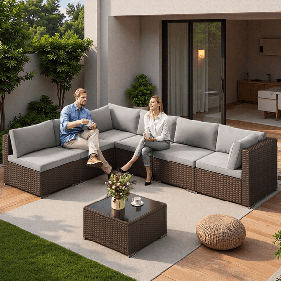 Lofka Patio Furniture Set on Sale  with Coffee Table & Waterproof Cushions, 7-Piece All-Weather Outdoor Sectional Couch, Gray