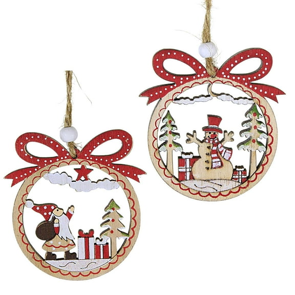 Ganz Holiday Laser Cut Wood Ornament - Two Ornaments 2.75 Inch, Wood - Santa Snowman Presents Mx189328