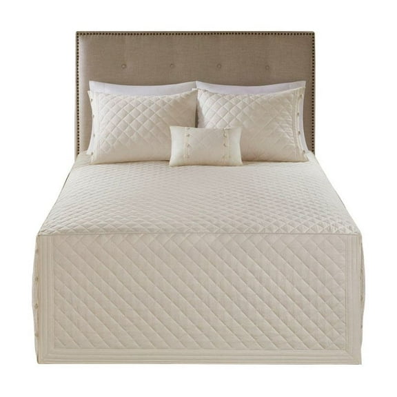 Gracie Mills 4-Piece Reversible Bedspread Set Ivory Cotton Diamond Quilted GRACE-10370
