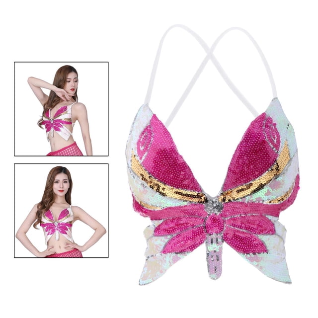 Sujetador de danza del vientre Colcomx para mujer con lentejuelas Tops de mariposa rosa rojo