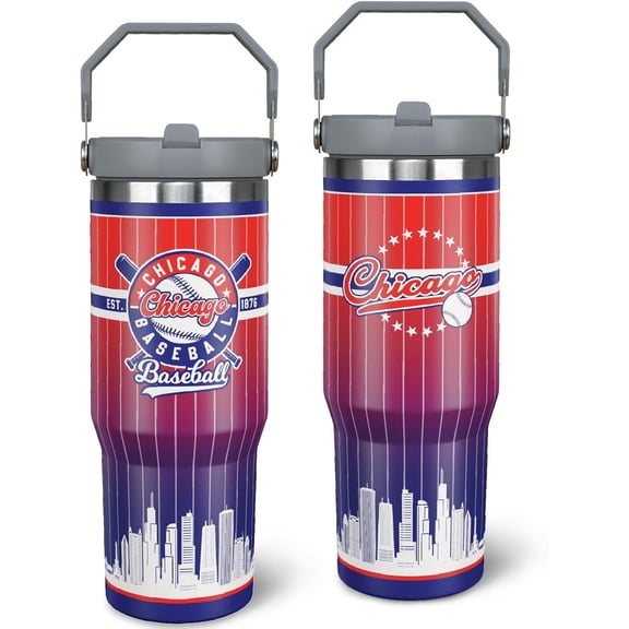 30oz Stainless Steel Vacuum Insulated Tumbler with Handle & Leak-Proof Flip Straw | Chicago Travel Mug | Gift for Men