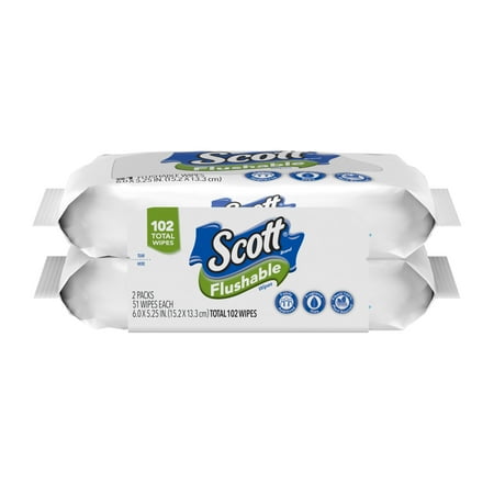 Scott Flushable Wet Wipes, 2 Resealable Packs, 51 Wipes Per Pack (102 Wipes Total)