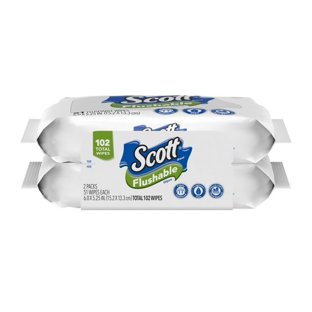 Scott Flushable Wet Wipes, 2 Resealable Packs, 51 Wipes Per Pack (102 Wipes Total)