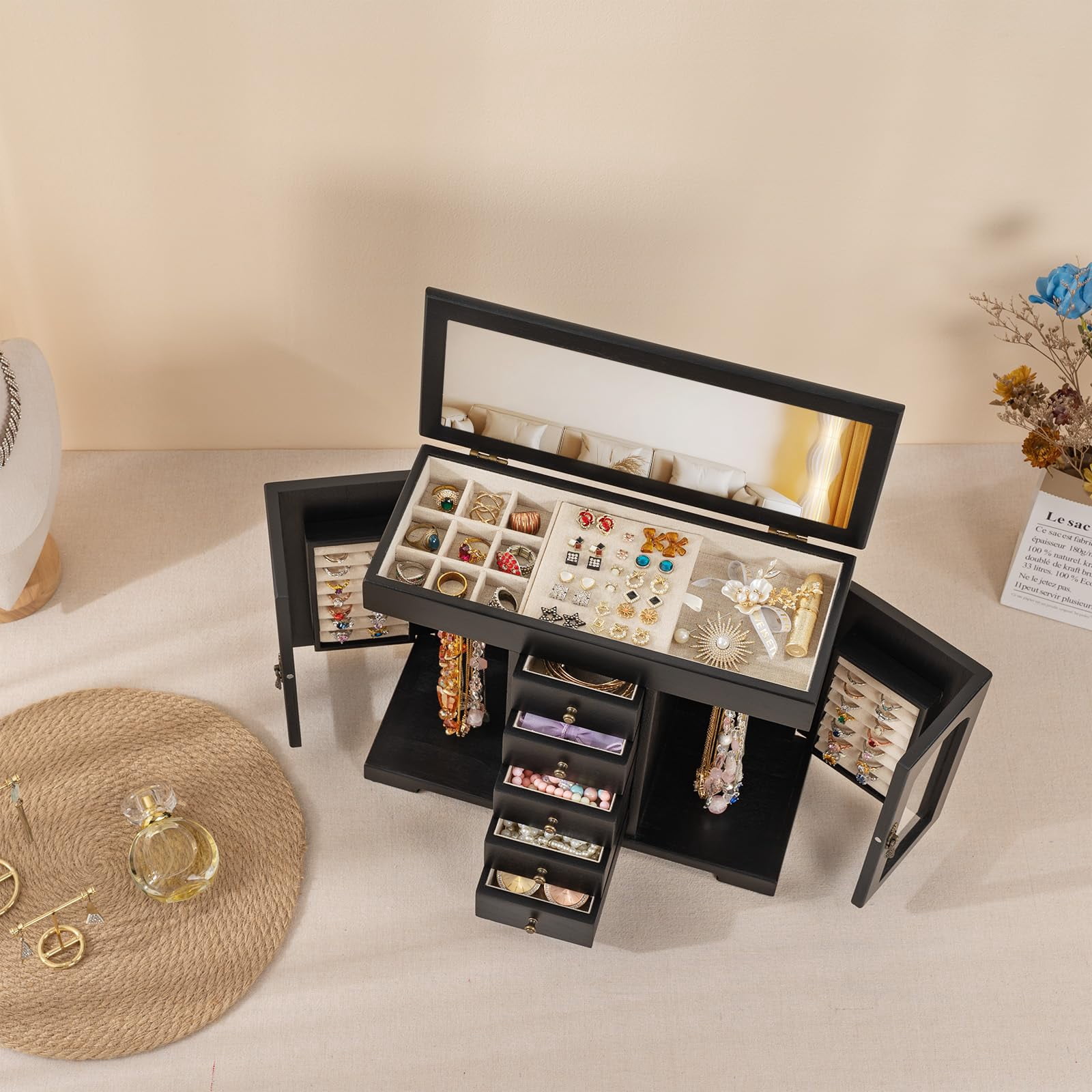 Sfugno Jewelry Box for Women Girls, Wooden Jewelry Organizer Box with Mirror, 5 Layer Jewelry Storage Case,Black