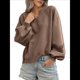 thumbnail image 3 of Sudadera Holgada Informal de Otoño para Mujer, con Cuello en V, Larga y Encaje, Estilo Farol, Estilo Corto Color Café XXL, 3 of 6