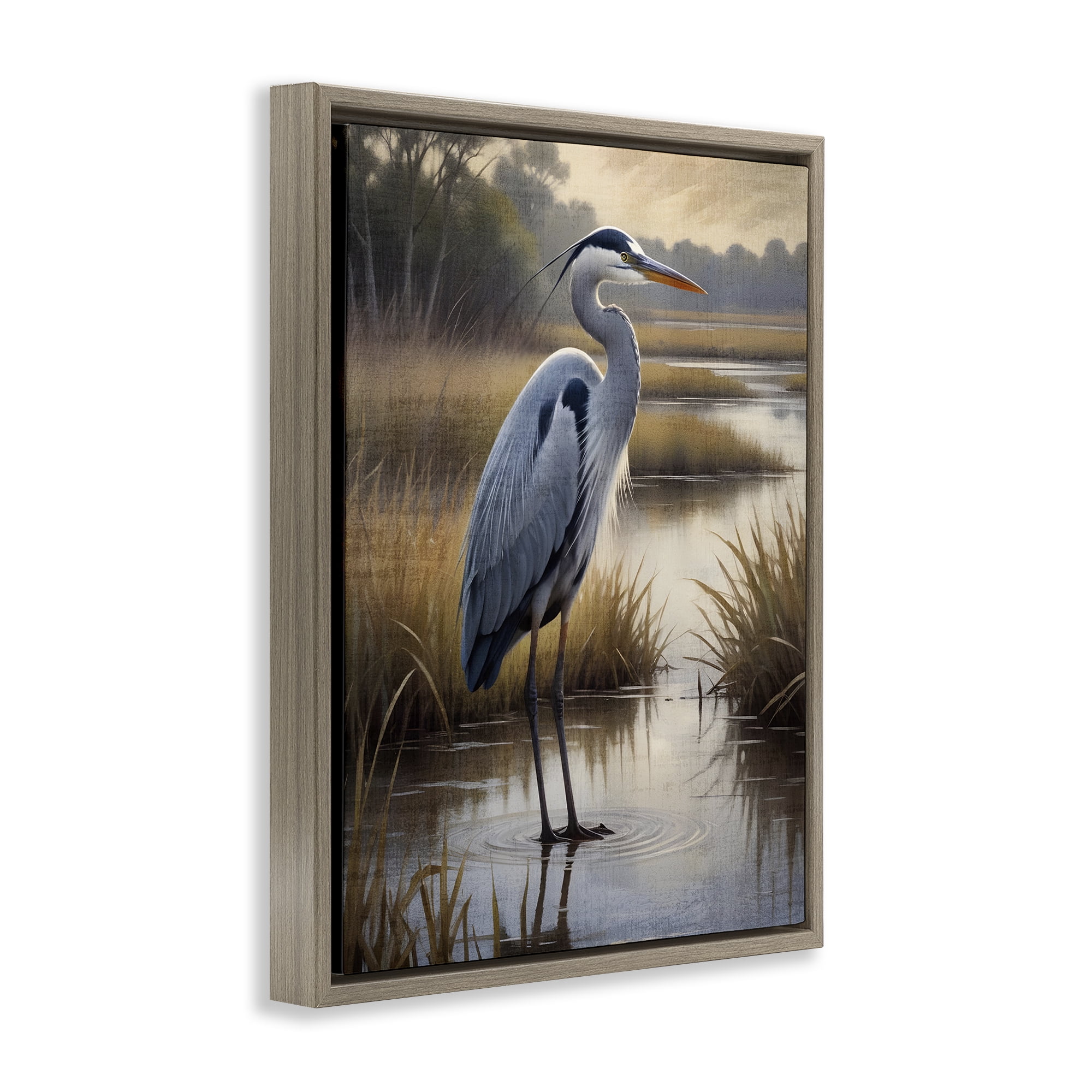 Stupell Industries Heron in Serene Marshlands Brown Framed Floater Canvas Wall Art, design by Susan Arnot