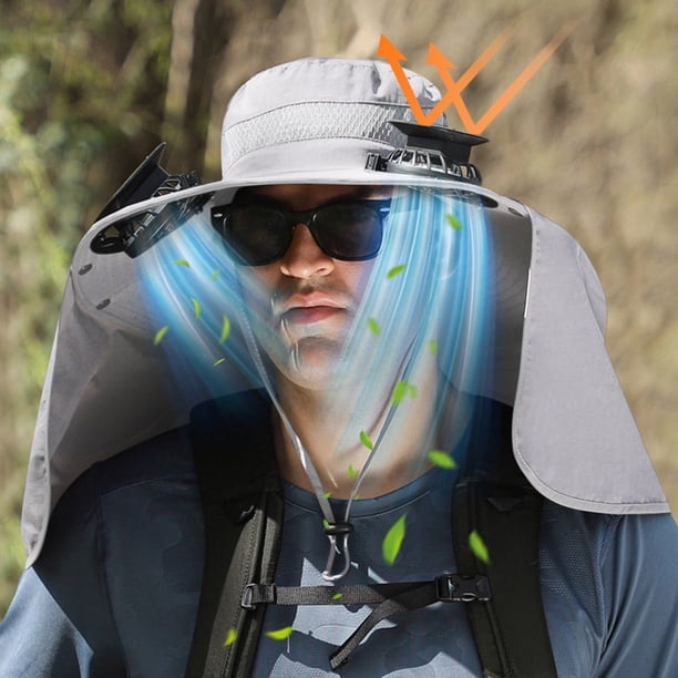 Sombrero de ala ancha para hombre, con ventilador solar, para pesca al aire libre, con solapa para el cuello, gran abanico de viento para hombre y mujer, sombrero de pescador refrescante, protector