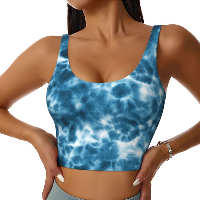 Balery Blue Tie Dye Sujetadores deportivos con espalda cruzada para mujer, acolchados, sin costuras, de alto impacto, ideales para yoga, gimnasio, entrenamiento y fitness.-Large