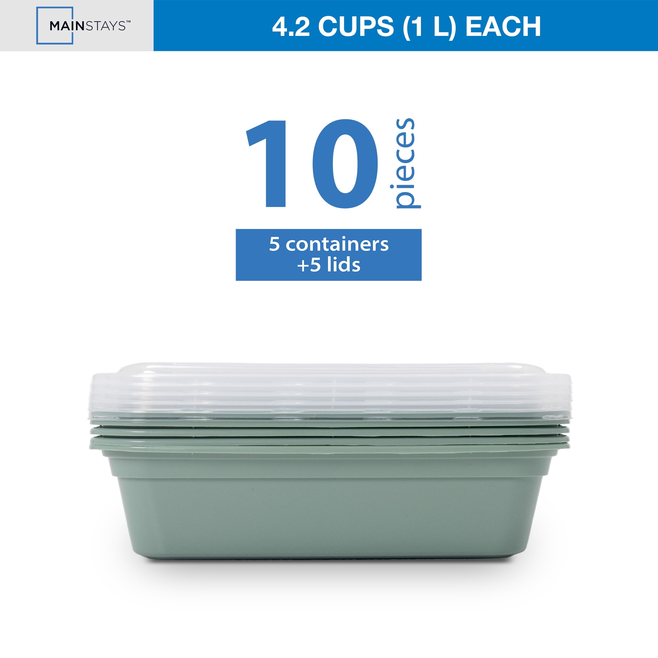Mainstays 5-Pack 1-Compartment BPA-Free Plastic Meal Prep Food Storage Containers, 1 L, Green Sage