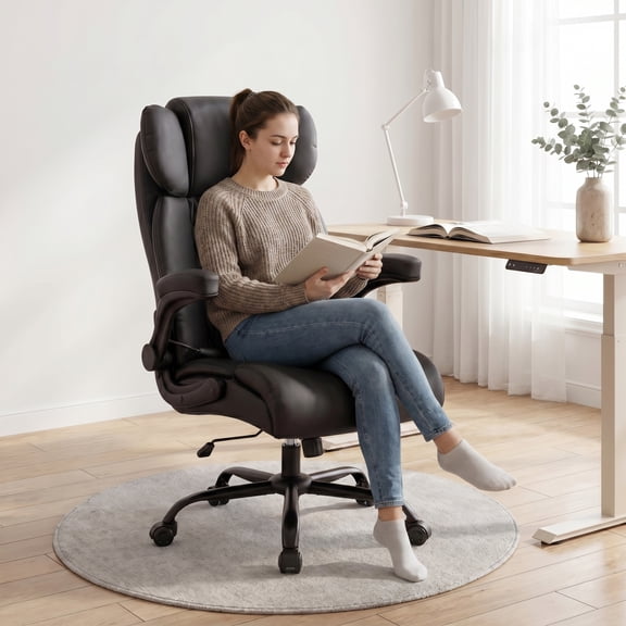 iooHug Big and Tall Office Chair 500lbs, Ergonomic Executive PU Desk Chair with Adjustable Lumbar Support, Leather Office Chair,Heavy Duty Computer Chair with Flip-up Arms & Rubber Wheels, Black