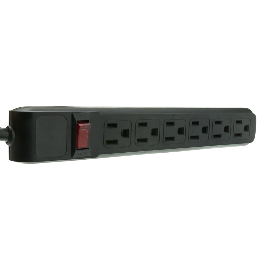 Surge Protector, Flat Rotating Plug, 6 Outlet, Black Horizontal Outlets, Plastic, Power Cord 4 foot