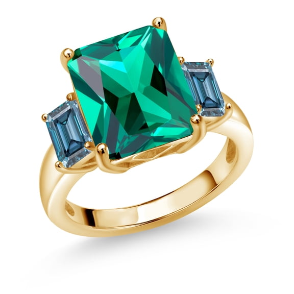 Gem Stone King 18K Yellow Gold Plated Silver 3-Stone Ring Emerald Cut Green Nano Emerald and Vivid Persian Blue Moissanite (6.64 Cttw, Size 5)