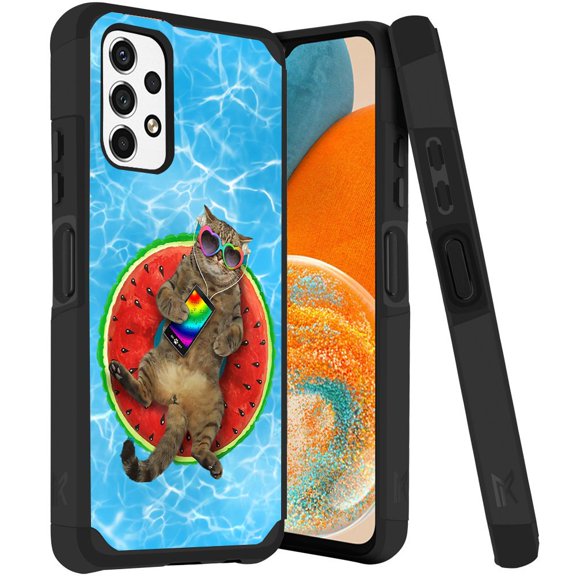 ANJ  Rugged Dual Layered Shockproof Slim Hybrid Case   Tempered Glass Cover Compatible with Samsung Galaxy A23 5G - Swimming Pool Cat
