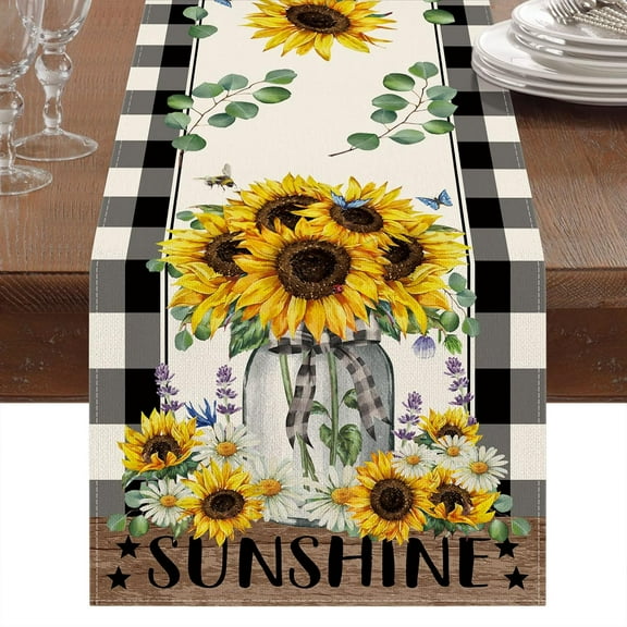 Sunflower Table Runner, Buffalo Floral Table Runner, Kitchen Dining Table Decor for Seasons Spring Summer Fall Farmhouse Home Party Indoor Outdoor Decor 13x72 in