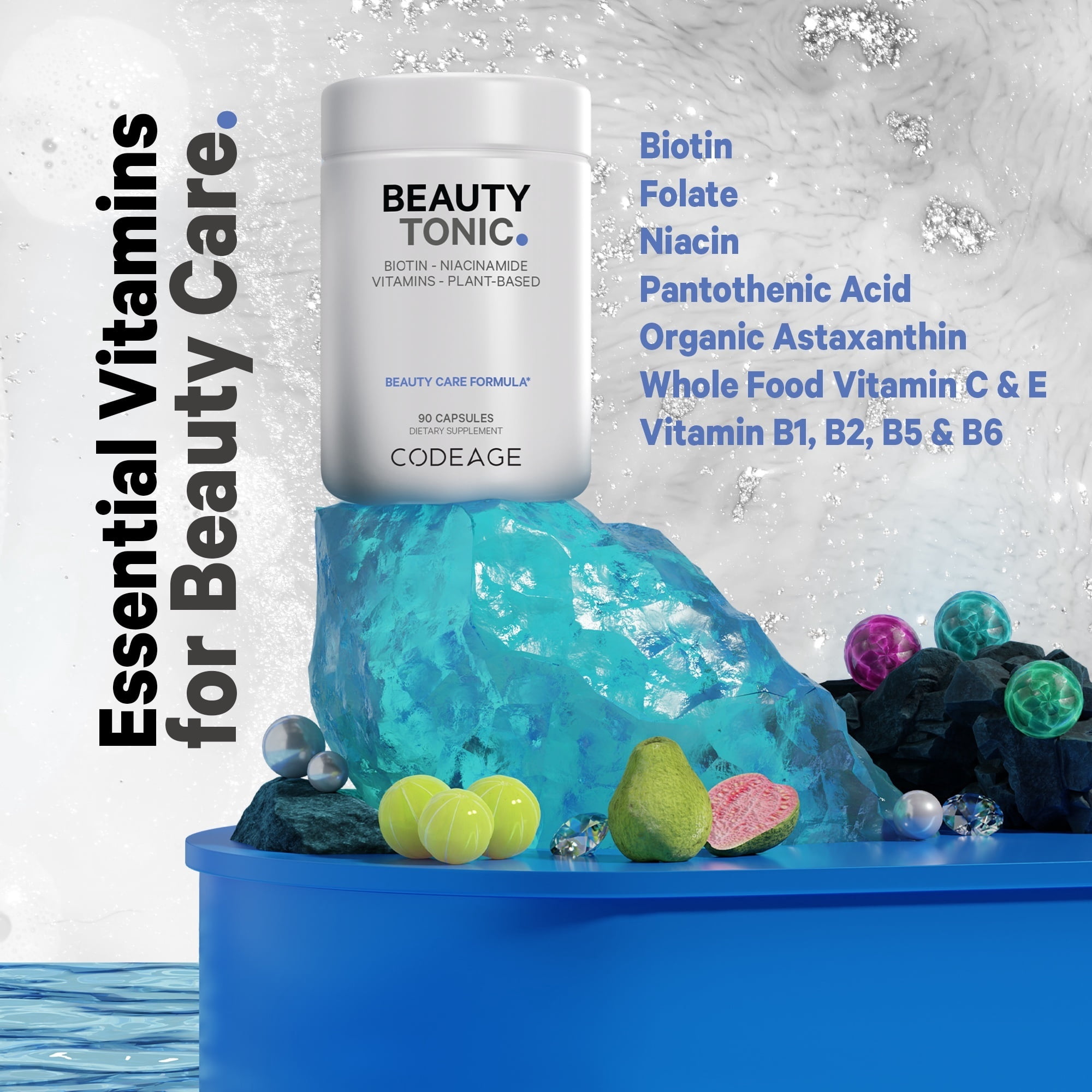 Codeage Beauty Tonic, 1500mcg of Biotin per Serving, Astaxanthin, Vegan Collagen Food Blend, non-GMO, 90 ct