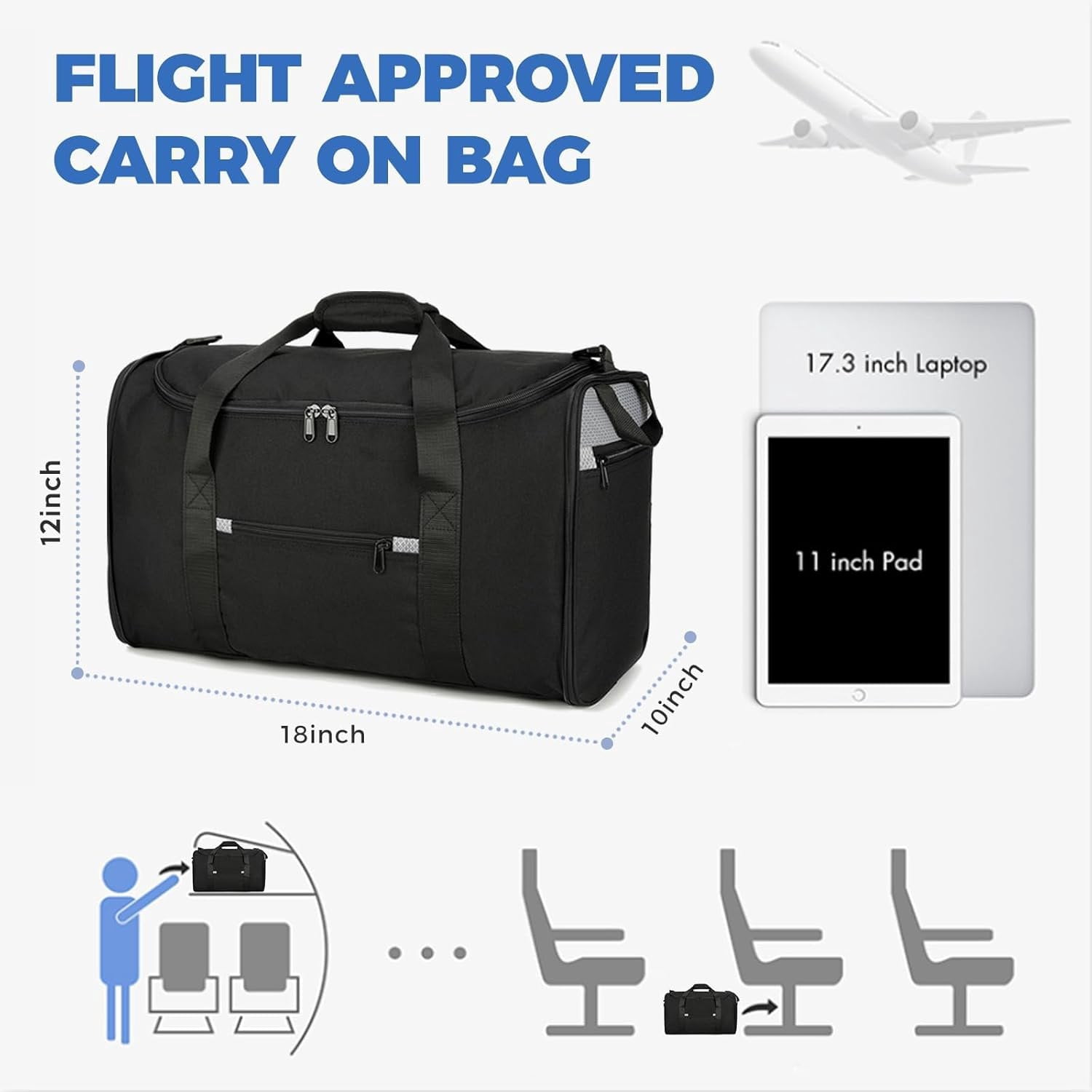 18 inch Small Gym Bag for Men - Foldable Duffel Bags for Airplanes Carry  Duffle Bag for Travel, Black