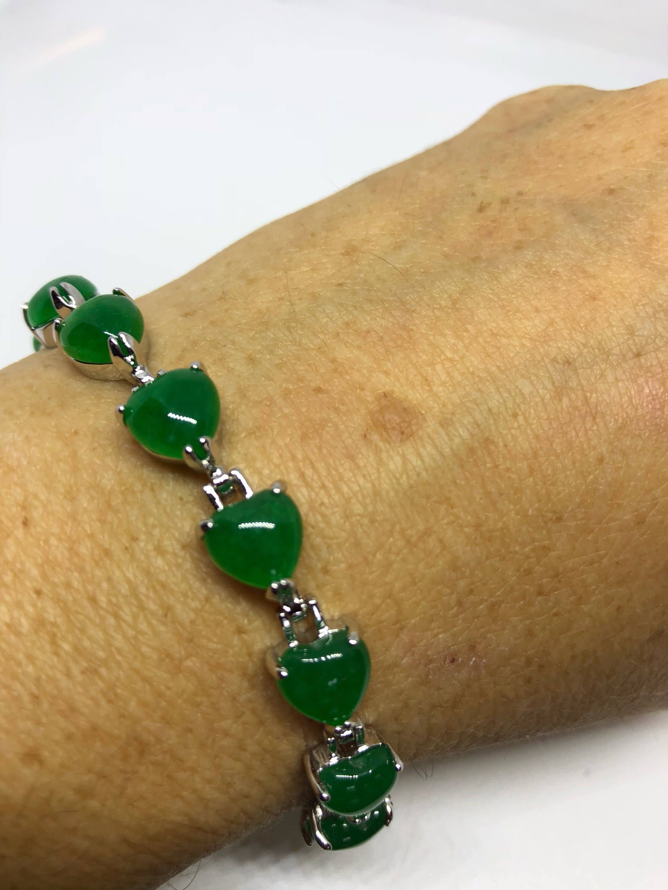 Vintage white bronze Silver Green Jade Lucky Bracelet