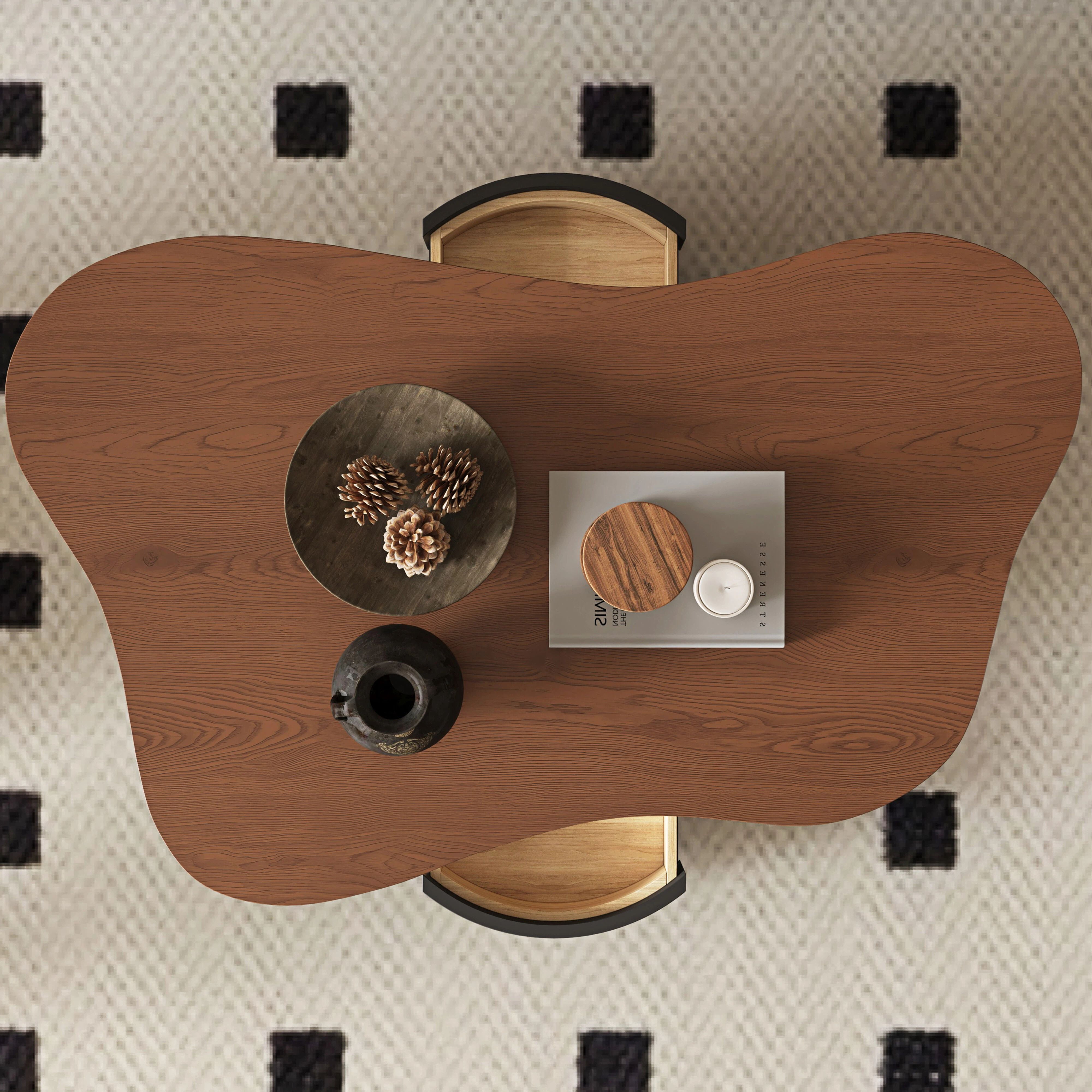 Euroco 47.24" Cloud Coffee Table with 2 Drawers, Mid-Century Modern Irregular Center Table with Storage Base for Living Room,Walnut