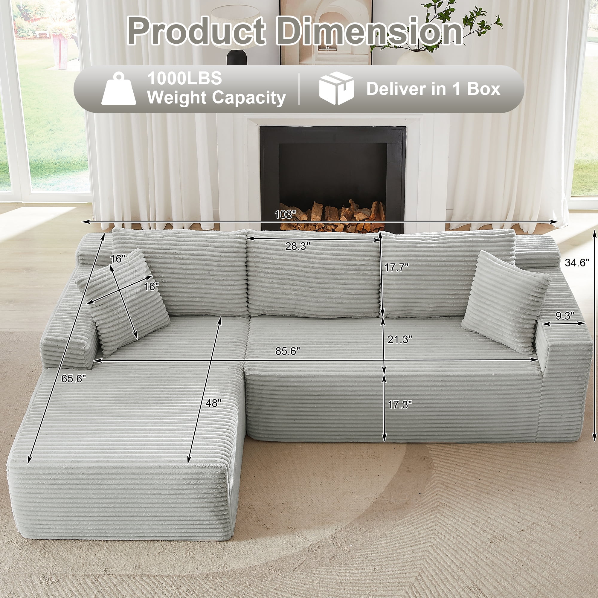 GNIXUU 103” W Corduroy Boneless Couch, L-Shaped Sectional