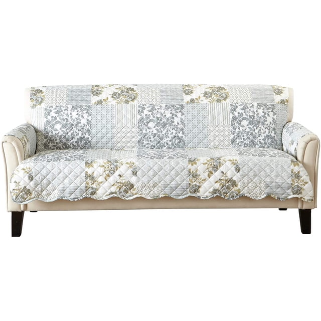 Patchwork Scalloped Printed Furniture Protector. Stain Resistant Couch Cover. (Sofa, Grey)