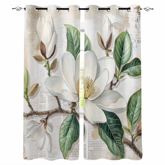 Flowers Leaves Blackout Curtains 63 Inches Long for Bedroom, Farmhouse White Botanical Magnolia Retro Thermal Insulated Room Darkening Black Out Window Curtain Panels Grommet Drapes for Living Room