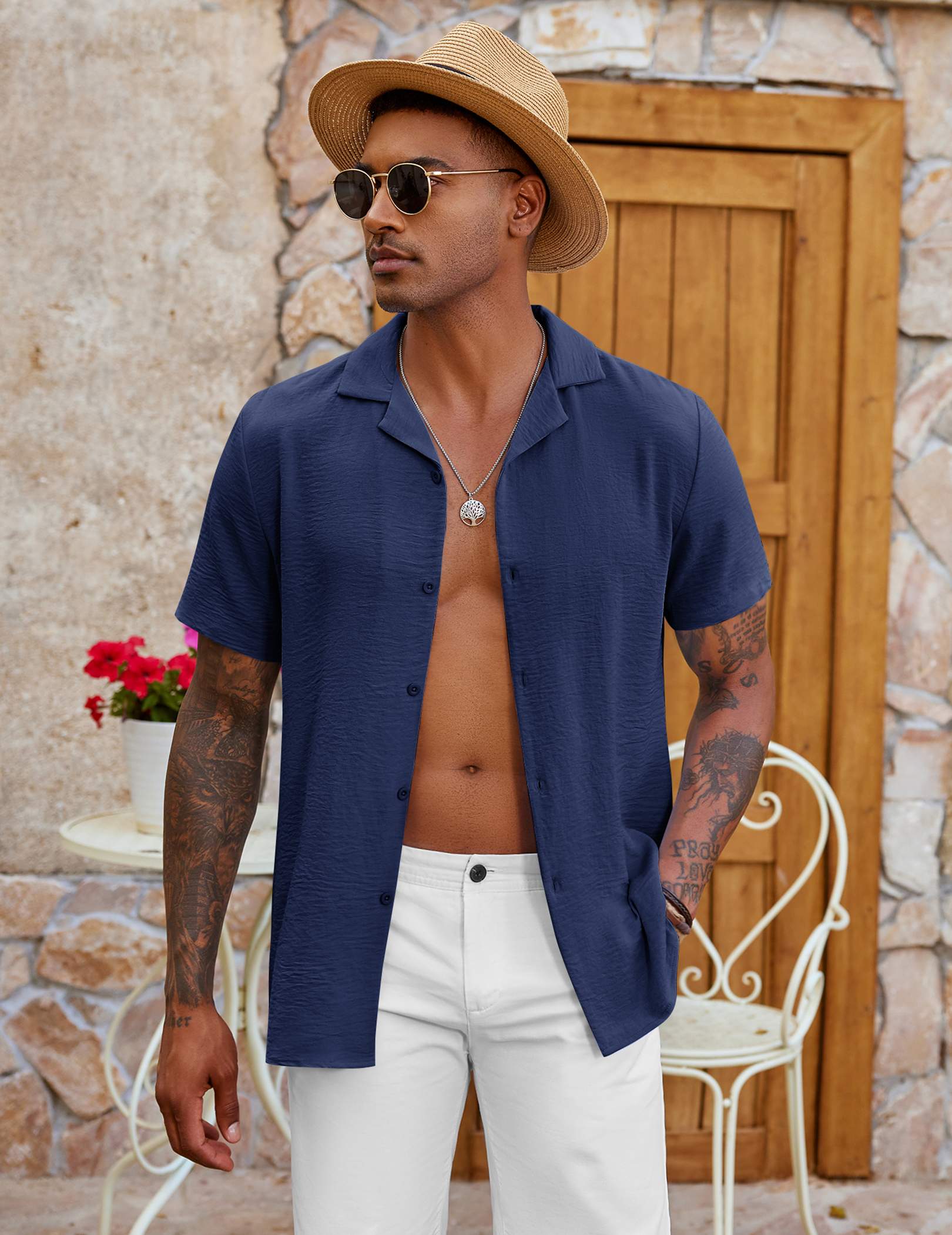 COOFANDY Mens Cuban Guayabera Shirts Short Sleeve Linen Shirt Loose Fit Camp Collar Shirt
