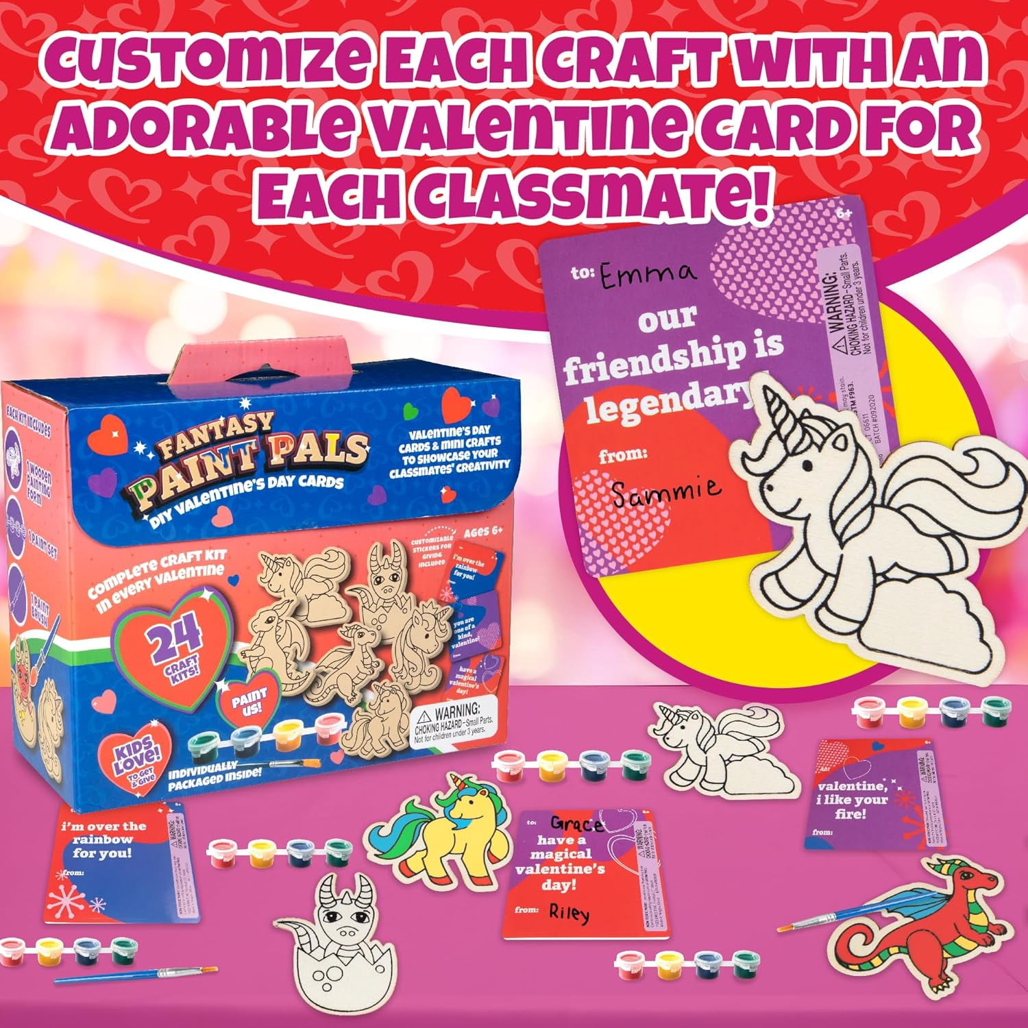 Kids Valentine's Day Cards - Unicorn and Dragon Wood Painting Kits (24ct)- Each Valentines Card Includes Craft w Paints, Brush, and Sticker- Make Classroom School Exchange Gifts Fun for Boys & Girls
