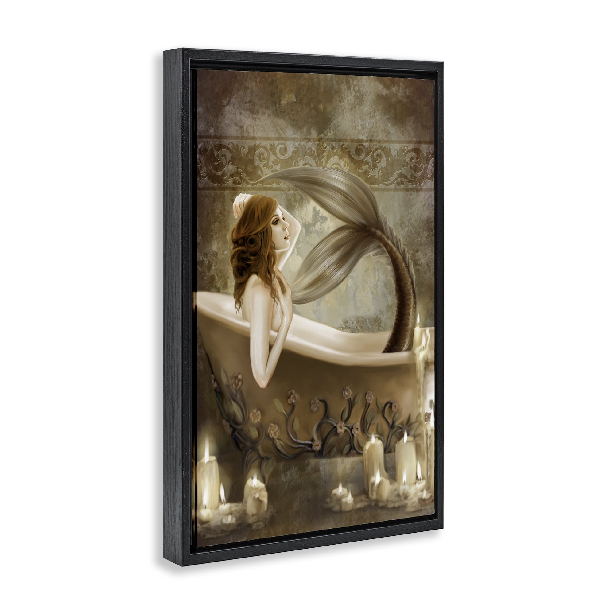Stupell Industries Sepia Bath Time Mermaid Black Framed Floater Canvas Wall Art, design by Selina Fenech