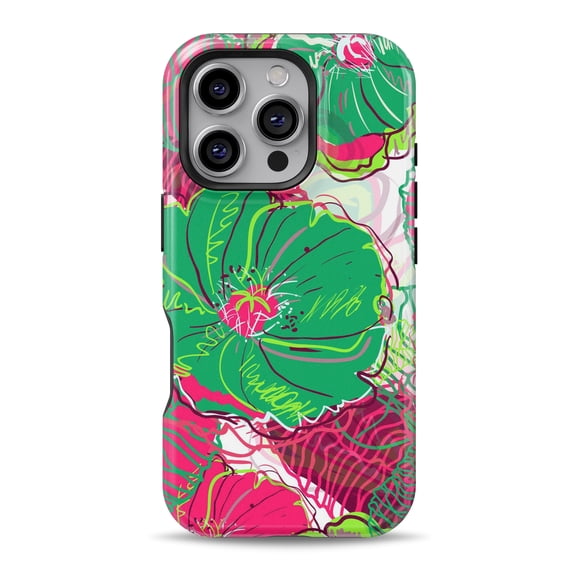 DesignSkinz Scratch-Resistant Hard Slim Case Compatible with iPhone 16 (Compatible with MagSafe) - Bright Pink and Green Flowers