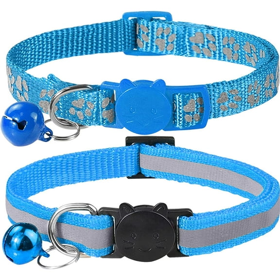 Reflective Cat Collars Breakaway with Bell, 2-Pack Girl Boy Pet Kitten Collar Adjustable 7.5-12.5 Inch, Sky Blue