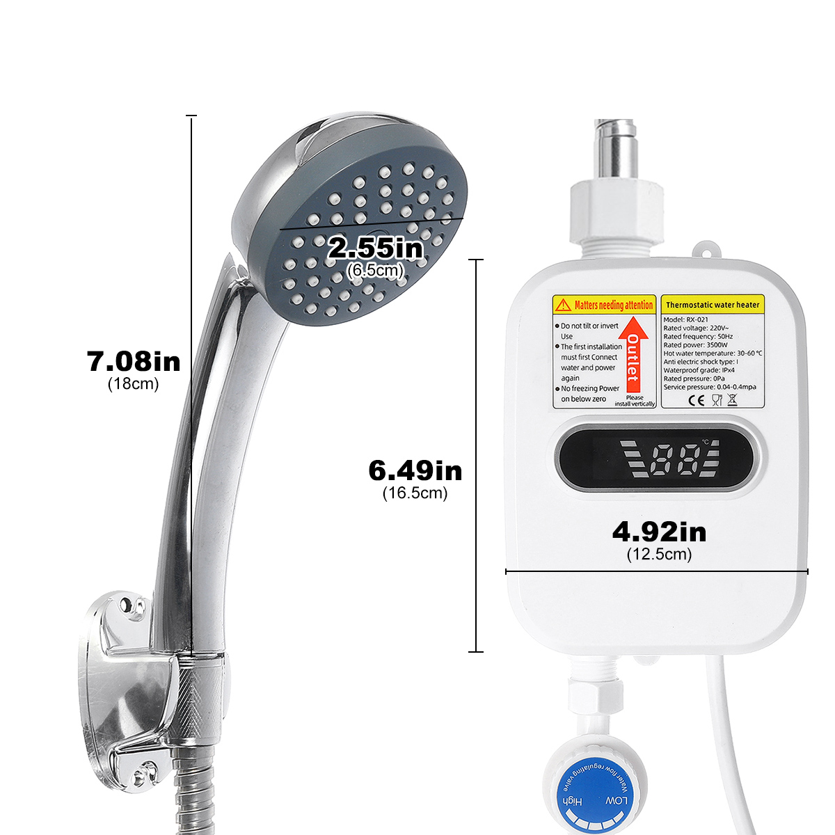 3500W Electric Tankless Water Heater Shower Head Set, Instant Hot Water Heater LCD Display,Overheating Protection, White - image 5 of 11