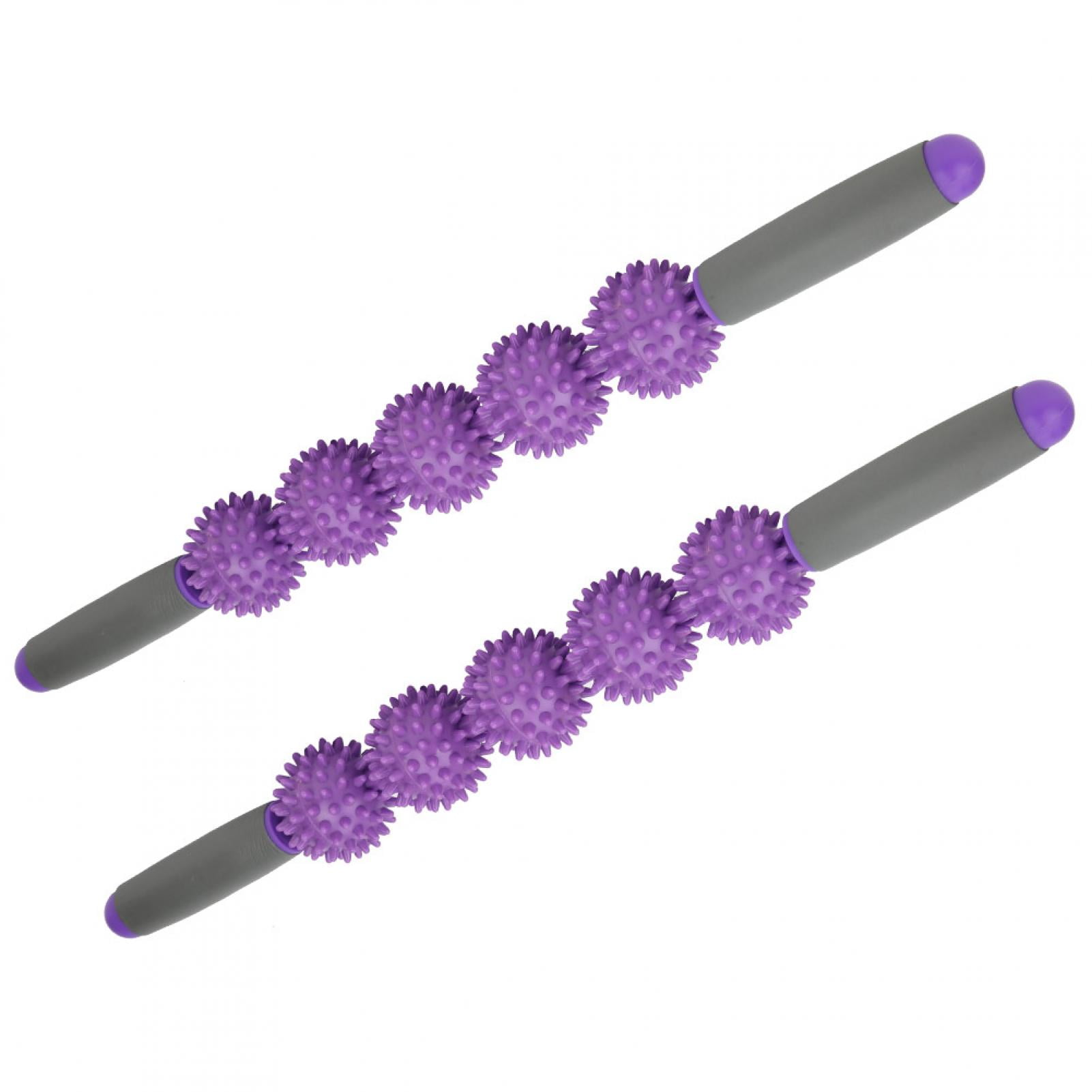 BIMZUC 2Pcs Massage Stick Muscle Relaxation Massager Five Balls Spiky Fascia Rods Yoga Roller 20.5 inches / 52 cm Purple