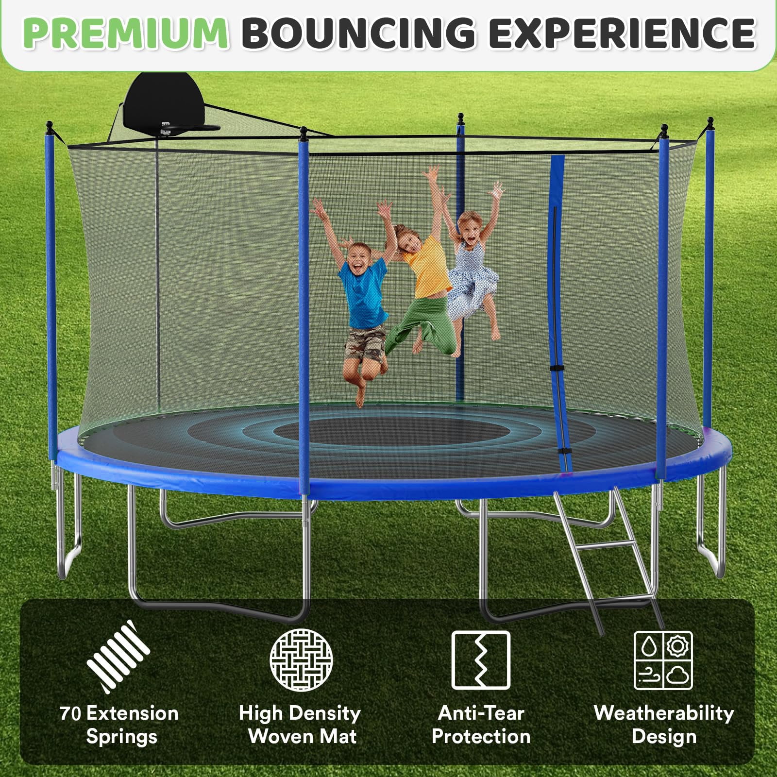 LIZEVINC 12FT Trampoline for Kids with Enclosure Net, Basketball Hoop and Ladder,Easy Assembly Round Outdoor Recreational Trampoline High Stability