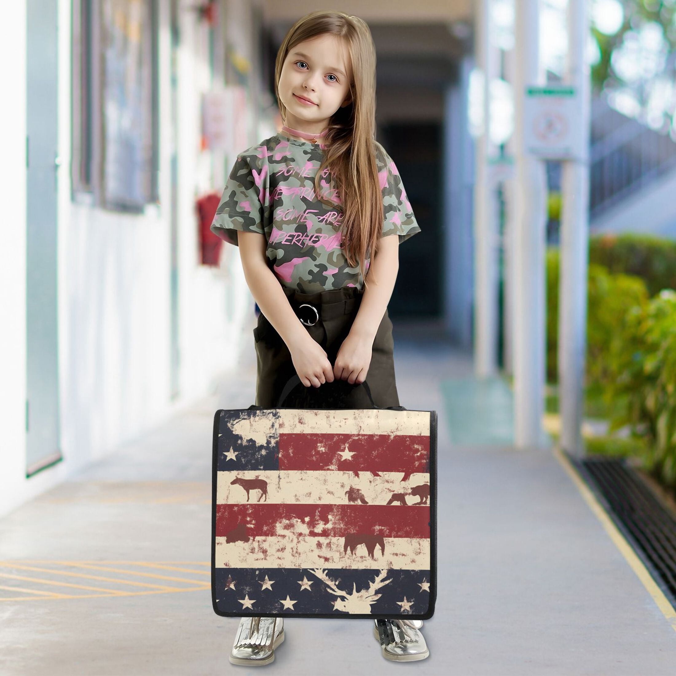 3 Ring Zipper Binder with Shoulder Strap Waterproof Trapper Keeper 2 Inch D-Ring 500 Sheets Capacity American Flag and Animals