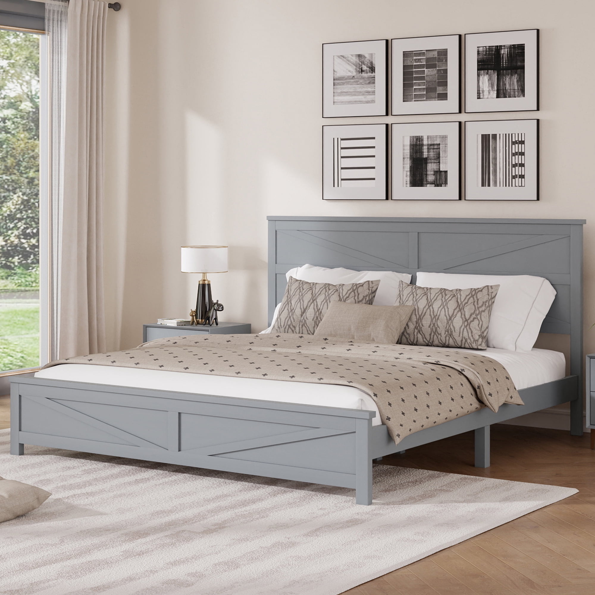 Mintazer Farmhouse King Size Platform Bed with Under-Bed Storage, Platform Bed Frame with Headboard & Footboard for Bedroom, Grey
