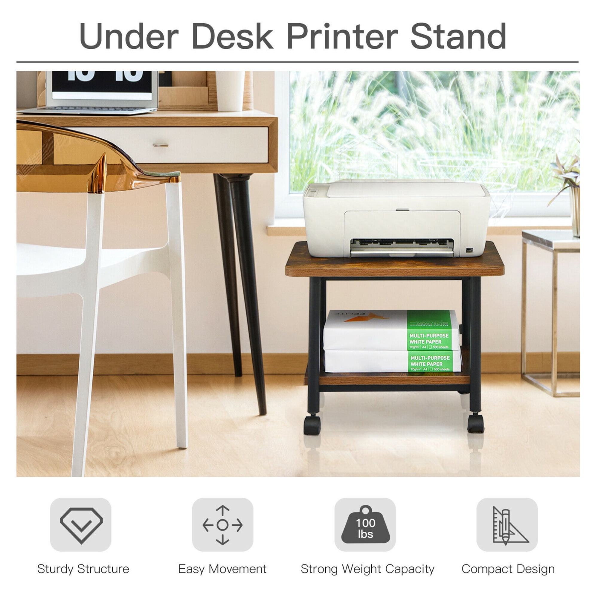 Gymax 2-Tier Machine Stand Storage Rack Rolling Under Desk Printer Cart, Brown