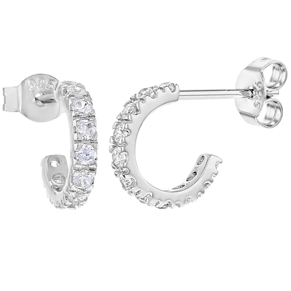 925 Sterling Silver Clear Cz Small Half Hoop Comfortable Stud Earrings