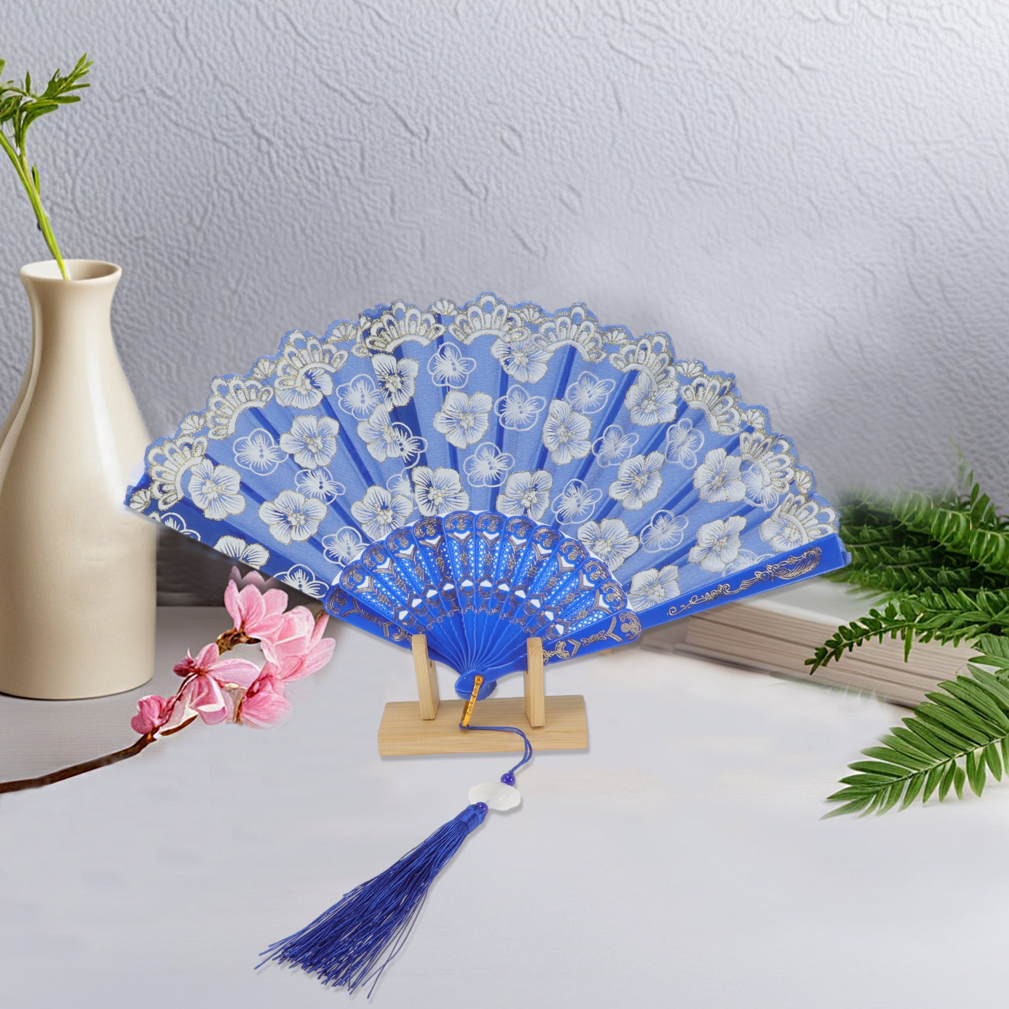 Unique Bargains Elegant Cherry Blossom With Tassel Folding Fan 1 Pc Blue