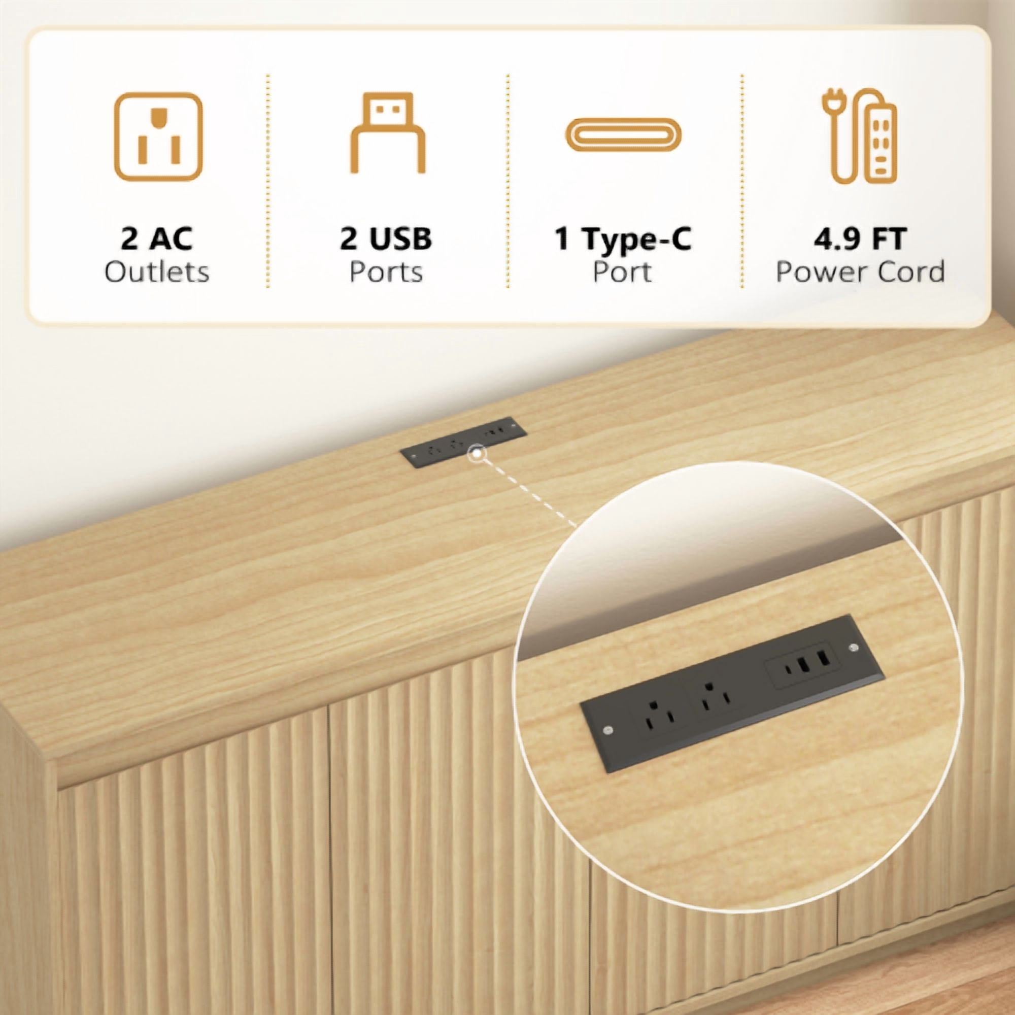 4-Door Sideboard Buffet Cabinet with Power Outlet, Wavy Texture No-Handle Accent Cabinet, Freestanding Storage Cabinet for Dining Room, Living Room, Entryway, Natural