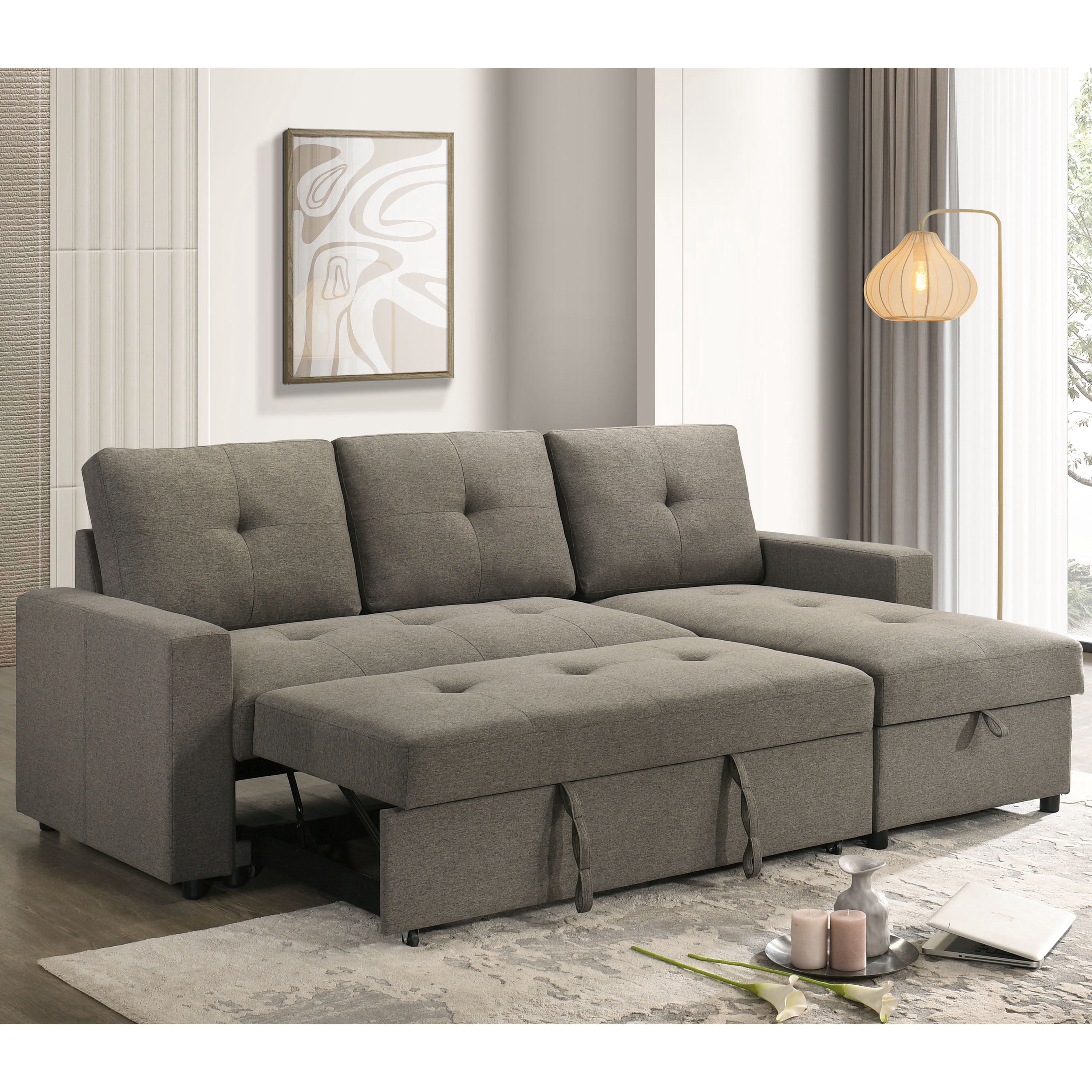 Furniture of America Jovi Modern Fabric L-Shaped Sectional Sofa with Pull Out and Storage Under Chaise, Light Brown