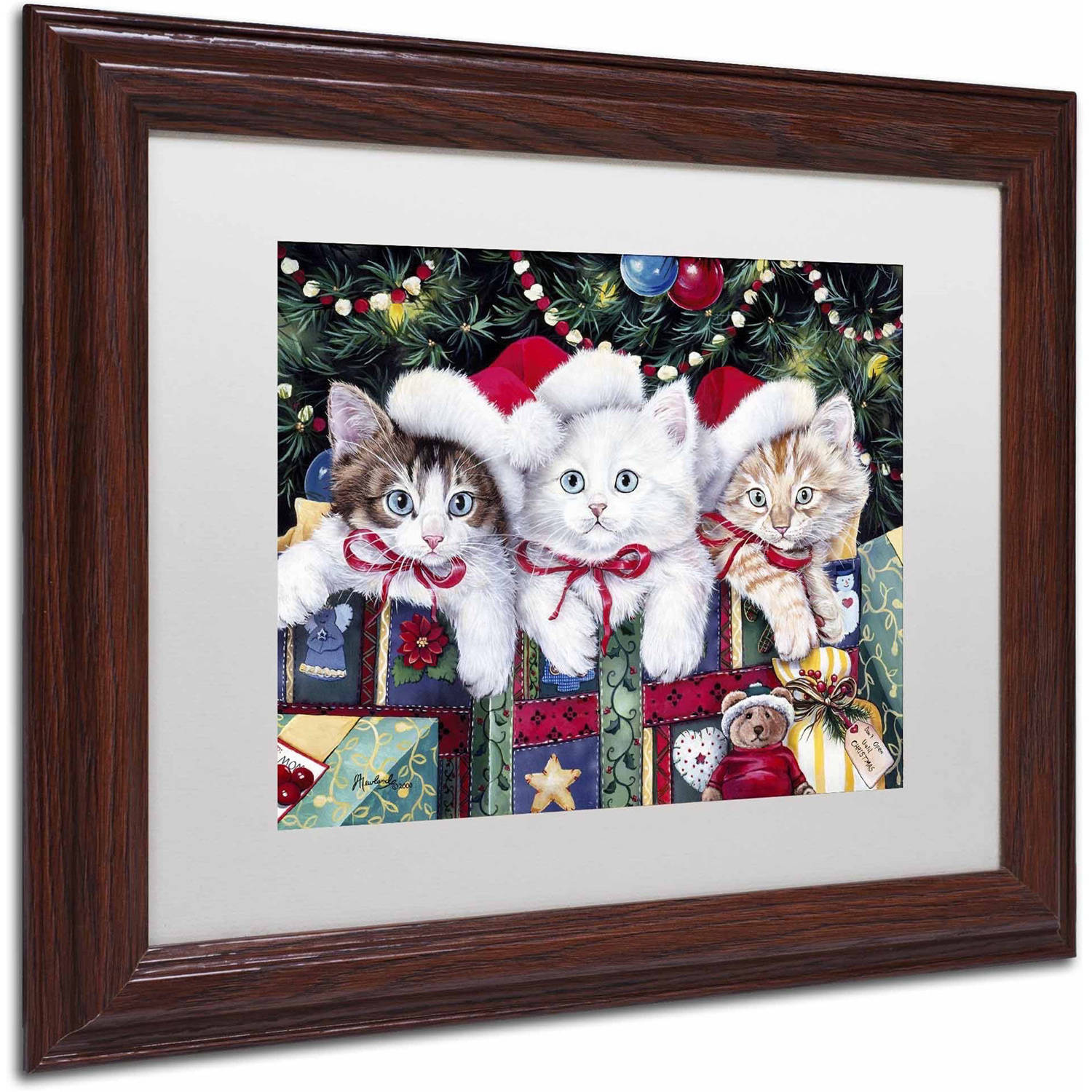 Trademark Fine Art 'Meowy Christmas' Canvas Art by Jenny Newland, White Matte, Wood Frame