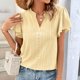 thumbnail image 2 of Blusa de manga con volantes hueca Escote en V Blusa de manga corta de color liso Top para mujer Lady Girl Amarillo XL, 2 of 6