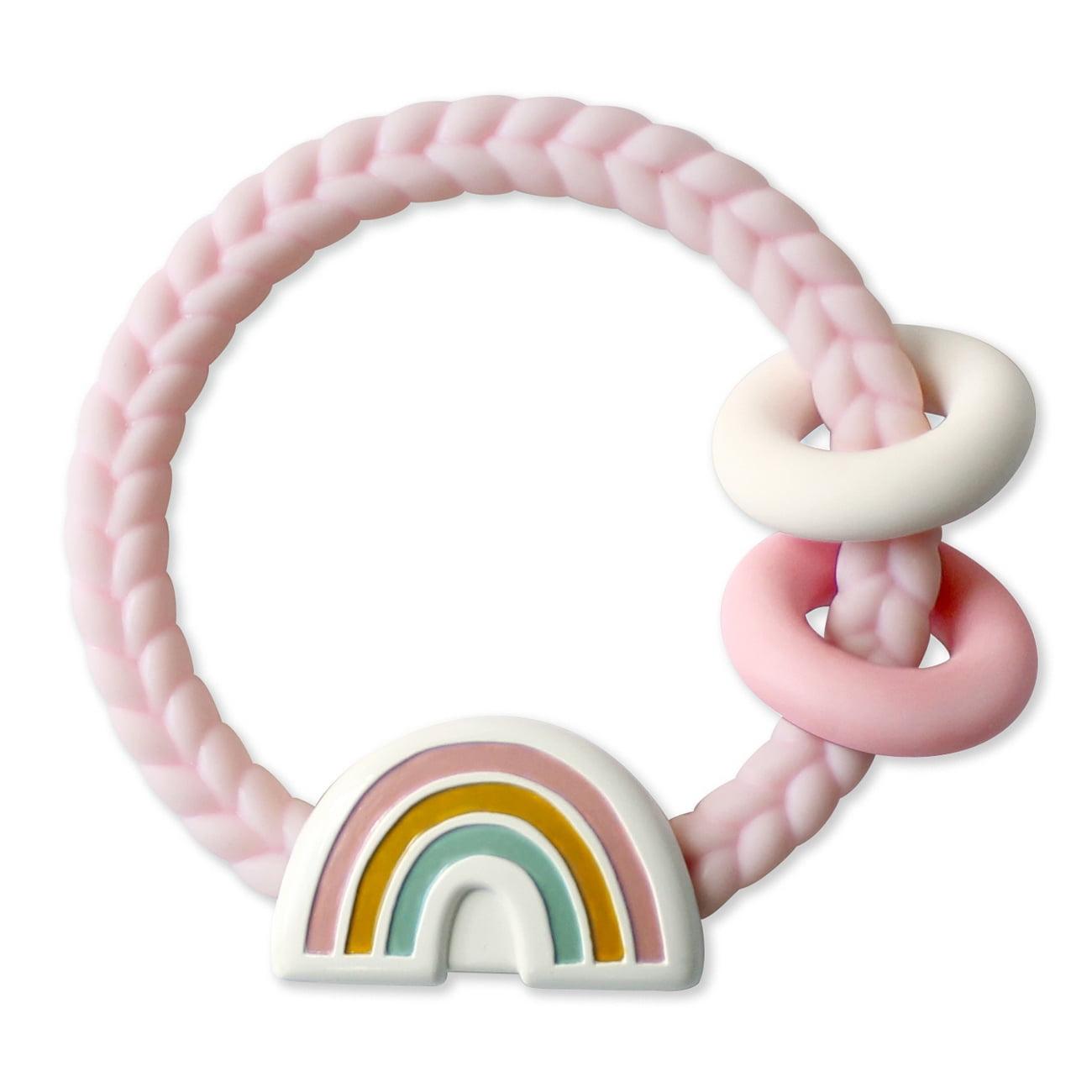 Itzy Ritzy Silicone Teether with Rattle; Features Rattle Sound, Two Silicone Rings and Raised Texture to Soothe Gums; Ages 3 Months and Up; Rainbow